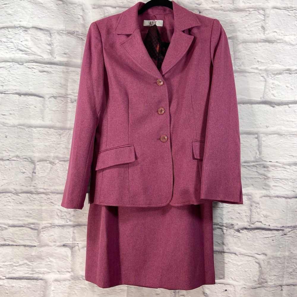 Le Suit 2PC Skirt Suit‎ Women's 8 Pink Blazer Button Long Sleeves Twill EUC